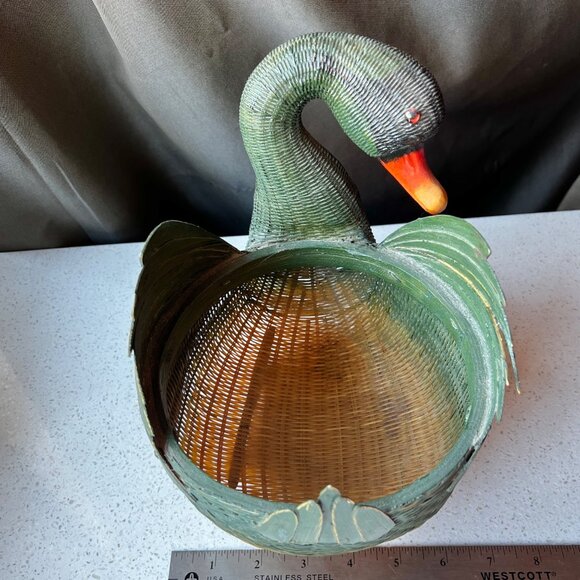 Handcrafted Woven Duck Basket Green & Orange Decorative Storage Piece Natural - Picture 10 of 10